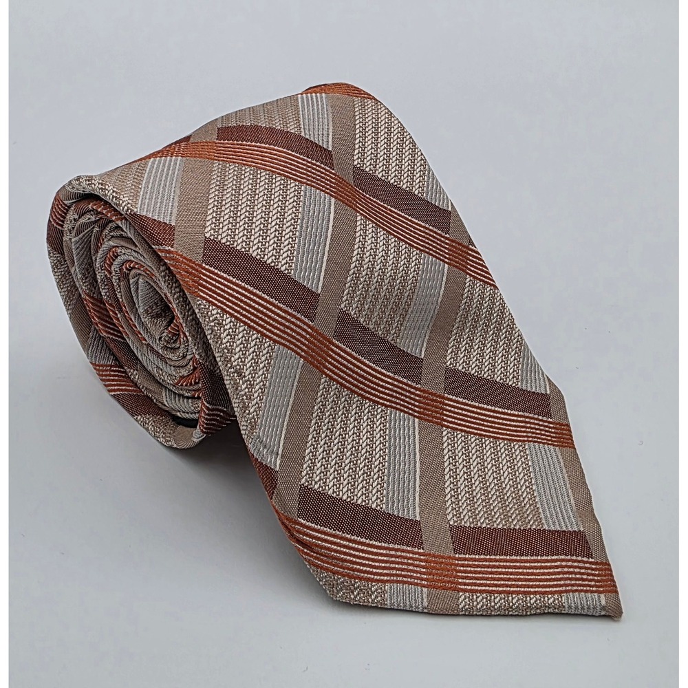 Antonio Fellini Men's Silk Tie Bronze Tan Geometric Plaid Striped Hand Made